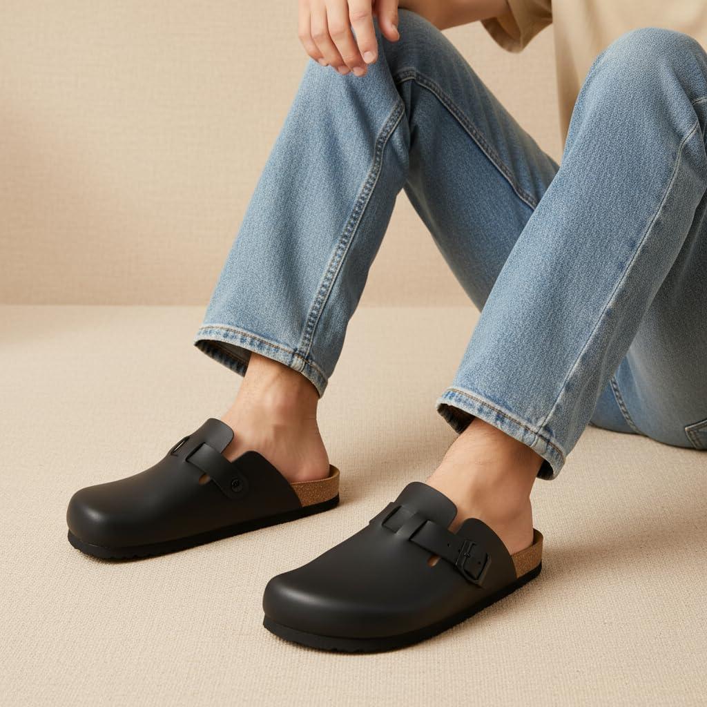 image:imageCUSHIONAIRE Haze Mens Clogs  Comfortable SlipOn Clogs for Men with Arch Support and Cork Suede Footbed  Perfect Potato Shoes for Indoor amp Outdoor UseBlack Nappa