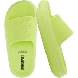 image:imageCUSHIONAIRE Feather EVA Slides for Women  Comfortable Slip On Womens Slippers Indoor Outdoor Shower Shoes Beach Essential Cloud SlidesLemon Yellow