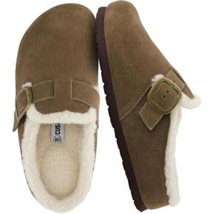 image:imageCUSHIONAIRE Haven Genuine Leather Clogs for Women  Faux Fur Lined SlipOn Womens Shoes with Cork Footbed and Adjustable BuckleDark Taupe
