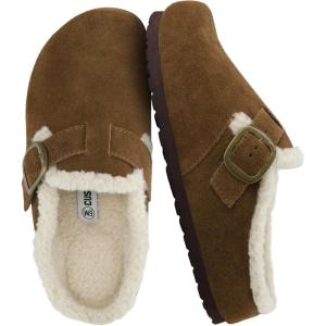 image:imageCUSHIONAIRE Haven Genuine Leather Clogs for Women  Faux Fur Lined SlipOn Womens Shoes with Cork Footbed and Adjustable BuckleMid Brown