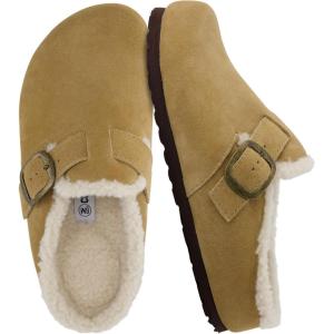 image:imageCUSHIONAIRE Haven Genuine Leather Clogs for Women  Faux Fur Lined SlipOn Womens Shoes with Cork Footbed and Adjustable BuckleSand