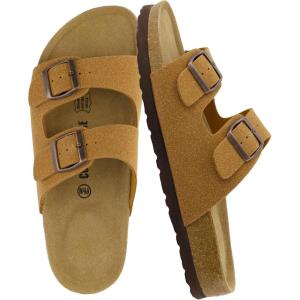image:imageCUSHIONAIRE Lane Cork Footbed Sandals for Women  Comfortable Double Buckle SlipOn with Genuine Suede Footbed amp Arch Support Slides for Women FootwearTan Vegan Suede