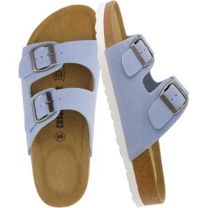 image:imageCUSHIONAIRE Lane Cork Footbed Sandals for Women  Comfortable Double Buckle SlipOn with Genuine Suede Footbed amp Arch Support Slides for Women FootwearLt Blue Vegan Suede