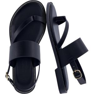 image:imageCUSHIONAIRE Leader Womens Strappy Sandal  Premium Faux Leather Toe Loop Flat with Adjustable Ankle Strap amp Cushioned FootbedBlack