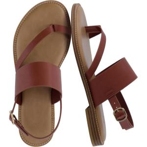 image:imageCUSHIONAIRE Leader Womens Strappy Sandal  Premium Faux Leather Toe Loop Flat with Adjustable Ankle Strap amp Cushioned FootbedCognac