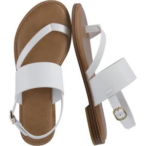 image:imageCUSHIONAIRE Leader Womens Strappy Sandal  Premium Faux Leather Toe Loop Flat with Adjustable Ankle Strap amp Cushioned FootbedWhite