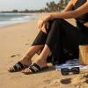 image:imageCUSHIONAIRE Voyage Cutout Strap Slides for Women Slip On Summer Flats Trendy Footwear Memory Foam Vegan Leather Comfortable Vacation Style SandalsBlack Woven