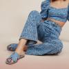 image:imageCUSHIONAIRE Voyage Cutout Strap Slides for Women Slip On Summer Flats Trendy Footwear Memory Foam Vegan Leather Comfortable Vacation Style SandalsDenim