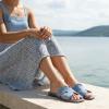 image:imageCUSHIONAIRE Voyage Cutout Strap Slides for Women Slip On Summer Flats Trendy Footwear Memory Foam Vegan Leather Comfortable Vacation Style SandalsDenim