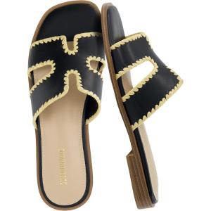 image:imageCUSHIONAIRE Voyage Cutout Strap Slides for Women Slip On Summer Flats Trendy Footwear Memory Foam Vegan Leather Comfortable Vacation Style SandalsBlack Woven