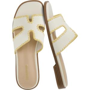 image:imageCUSHIONAIRE Voyage Cutout Strap Slides for Women Slip On Summer Flats Trendy Footwear Memory Foam Vegan Leather Comfortable Vacation Style SandalsCream Woven