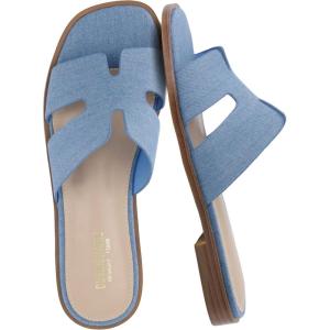 image:imageCUSHIONAIRE Voyage Cutout Strap Slides for Women Slip On Summer Flats Trendy Footwear Memory Foam Vegan Leather Comfortable Vacation Style SandalsDenim