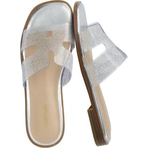 image:imageCUSHIONAIRE Voyage Cutout Strap Slides for Women Slip On Summer Flats Trendy Footwear Memory Foam Vegan Leather Comfortable Vacation Style SandalsEmbellish Clear