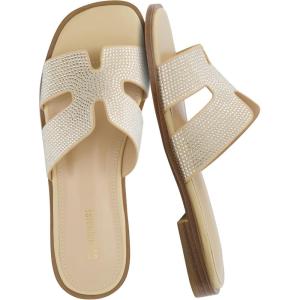 image:imageCUSHIONAIRE Voyage Cutout Strap Slides for Women Slip On Summer Flats Trendy Footwear Memory Foam Vegan Leather Comfortable Vacation Style SandalsEmbellish Tan