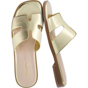 image:imageCUSHIONAIRE Voyage Cutout Strap Slides for Women Slip On Summer Flats Trendy Footwear Memory Foam Vegan Leather Comfortable Vacation Style SandalsGold