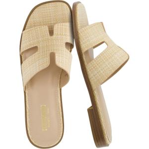 image:imageCUSHIONAIRE Voyage Cutout Strap Slides for Women Slip On Summer Flats Trendy Footwear Memory Foam Vegan Leather Comfortable Vacation Style SandalsRaffia