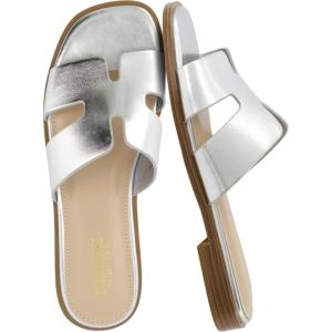 image:imageCUSHIONAIRE Voyage Cutout Strap Slides for Women Slip On Summer Flats Trendy Footwear Memory Foam Vegan Leather Comfortable Vacation Style SandalsSilver