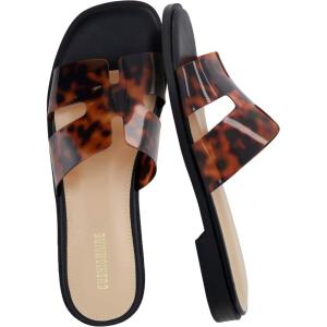 image:imageCUSHIONAIRE Voyage Cutout Strap Slides for Women Slip On Summer Flats Trendy Footwear Memory Foam Vegan Leather Comfortable Vacation Style SandalsTortoise Brown