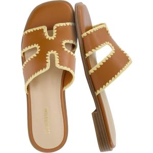 image:imageCUSHIONAIRE Voyage Cutout Strap Slides for Women Slip On Summer Flats Trendy Footwear Memory Foam Vegan Leather Comfortable Vacation Style SandalsWhiskey Woven