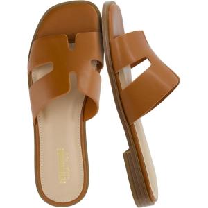 image:imageCUSHIONAIRE Voyage Cutout Strap Slides for Women Slip On Summer Flats Trendy Footwear Memory Foam Vegan Leather Comfortable Vacation Style SandalsWhiskey