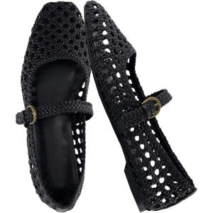 image:imageCUSHIONAIRE Weston Hand Woven Mary Jane Flats for Women Comfortable Dressy Ballet Flats with Braided Adjustable Buckle and Memory Foam CushioningBlack Woven
