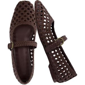 image:imageCUSHIONAIRE Weston Hand Woven Mary Jane Flats for Women Comfortable Dressy Ballet Flats with Braided Adjustable Buckle and Memory Foam CushioningBrown Woven