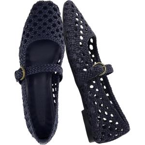 image:imageCUSHIONAIRE Weston Hand Woven Mary Jane Flats for Women Comfortable Dressy Ballet Flats with Braided Adjustable Buckle and Memory Foam CushioningNavy Woven