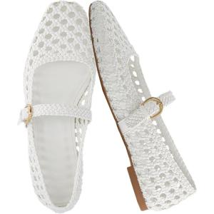 image:imageCUSHIONAIRE Weston Hand Woven Mary Jane Flats for Women Comfortable Dressy Ballet Flats with Braided Adjustable Buckle and Memory Foam CushioningWhite
