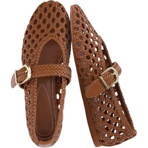 image:imageCUSHIONAIRE Wit Hand Woven Womens Flats Comfortable Mary Jane Ballet Flat with Adjustable Buckle Braided Strap and Cushioned Memory FoamCognac