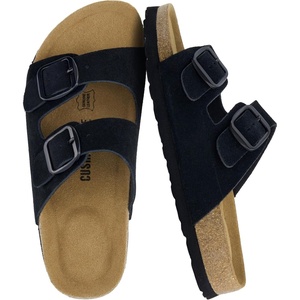image:imageCUSHIONAIRE Logo 100 Genuine Leather Suede Slides for Women Cushioned Cork Footbed Womens Sandals with Adjustable Buckles and Memory FoamBlack
