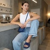 image:imageCUSHIONAIRE Lanky Strappy Sandals for Women Trendy MultiStrap Square Toe Flat Slide Womens Sandals with Cushioned FootbedNavy