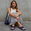 image:imageCUSHIONAIRE Lanky Strappy Sandals for Women Trendy MultiStrap Square Toe Flat Slide Womens Sandals with Cushioned FootbedNavy