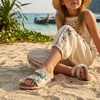 image:imageCUSHIONAIRE Lily Girl Toddler Sandals with Adjustable Gold Tone Star Buckles and Cushioned Cork Footbed Slip On Girls Slides for KidsMulti Woven