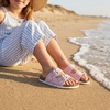 image:imageCUSHIONAIRE Lily Girl Toddler Sandals with Adjustable Gold Tone Star Buckles and Cushioned Cork Footbed Slip On Girls Slides for KidsPink Stars