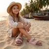 image:imageCUSHIONAIRE Lily Girl Toddler Sandals with Adjustable Gold Tone Star Buckles and Cushioned Cork Footbed Slip On Girls Slides for KidsPink Woven