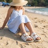 image:imageCUSHIONAIRE Lily Girl Toddler Sandals with Adjustable Gold Tone Star Buckles and Cushioned Cork Footbed Slip On Girls Slides for KidsWhite Stars