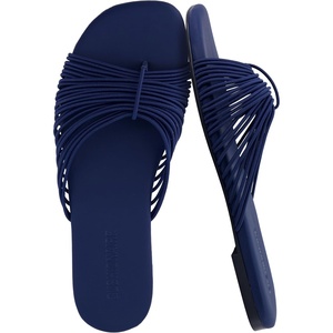 image:imageCUSHIONAIRE Lanky Strappy Sandals for Women Trendy MultiStrap Square Toe Flat Slide Womens Sandals with Cushioned FootbedNavy
