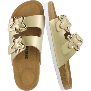 image:imageCUSHIONAIRE Lily Girl Toddler Sandals with Adjustable Gold Tone Star Buckles and Cushioned Cork Footbed Slip On Girls Slides for KidsGold