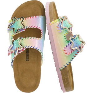 image:imageCUSHIONAIRE Lily Girl Toddler Sandals with Adjustable Gold Tone Star Buckles and Cushioned Cork Footbed Slip On Girls Slides for KidsMulti Woven