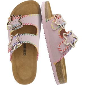 image:imageCUSHIONAIRE Lily Girl Toddler Sandals with Adjustable Gold Tone Star Buckles and Cushioned Cork Footbed Slip On Girls Slides for KidsPink Woven
