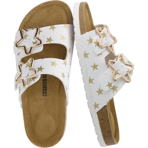 image:imageCUSHIONAIRE Lily Girl Toddler Sandals with Adjustable Gold Tone Star Buckles and Cushioned Cork Footbed Slip On Girls Slides for KidsWhite Stars
