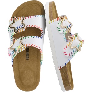 image:imageCUSHIONAIRE Lily Girl Toddler Sandals with Adjustable Gold Tone Star Buckles and Cushioned Cork Footbed Slip On Girls Slides for KidsWhite Woven
