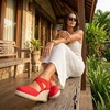 image:imageCUSHIONAIRE Chica Espadrille Wedge Sandals for Women Slip On Closed Toe Women Shoes with Elastic Straps and Stylish Everyday ComfortRed