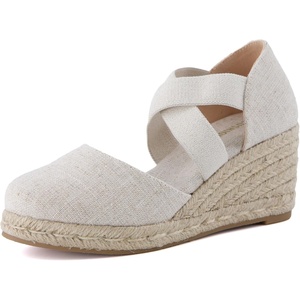 image:imageCUSHIONAIRE Chica Espadrille Wedge Sandals for Women Slip On Closed Toe Women Shoes with Elastic Straps and Stylish Everyday ComfortBeige