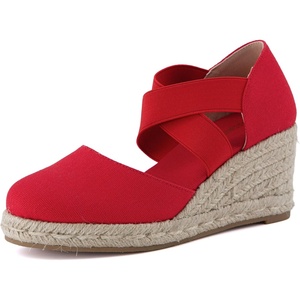 image:imageCUSHIONAIRE Chica Espadrille Wedge Sandals for Women Slip On Closed Toe Women Shoes with Elastic Straps and Stylish Everyday ComfortRed