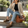 image:imageCUSHIONAIRE Origin Genuine Suede Mule Clogs for Women Cozy SlipOn Moc Toe Loafer with Buckle and Faux Fur Cushioned FootbedBrown