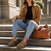 image:imageCUSHIONAIRE Origin Genuine Suede Mule Clogs for Women Cozy SlipOn Moc Toe Loafer with Buckle and Faux Fur Cushioned FootbedChestnut