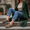 image:imageCUSHIONAIRE Origin Genuine Suede Mule Clogs for Women Cozy SlipOn Moc Toe Loafer with Buckle and Faux Fur Cushioned FootbedMoss