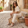 image:imageCUSHIONAIRE Spryte Flared Kitten Heels for Women Square Toe Thong Heeled Sandals with Woven Braided Strap and Slip On Mule StyleBone