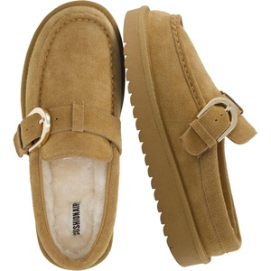 image:imageCUSHIONAIRE Origin Genuine Suede Mule Clogs for Women Cozy SlipOn Moc Toe Loafer with Buckle and Faux Fur Cushioned FootbedChestnut